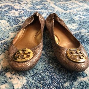 Used Tory Burch Gold Snakeskin Flats